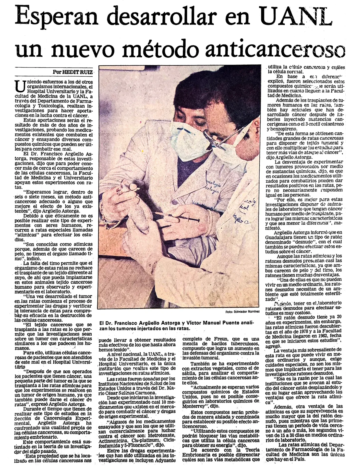 Recorte del periódico El Norte del 14 de noviembre de 1984: Esperan desarrollar en UANL un nuevo método anticanceroso